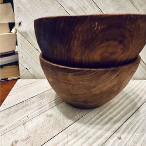 Vintage Hand Carved Wooden Bowls Set of 2 Rustic Natural Grain Boho Decor 6 Inch